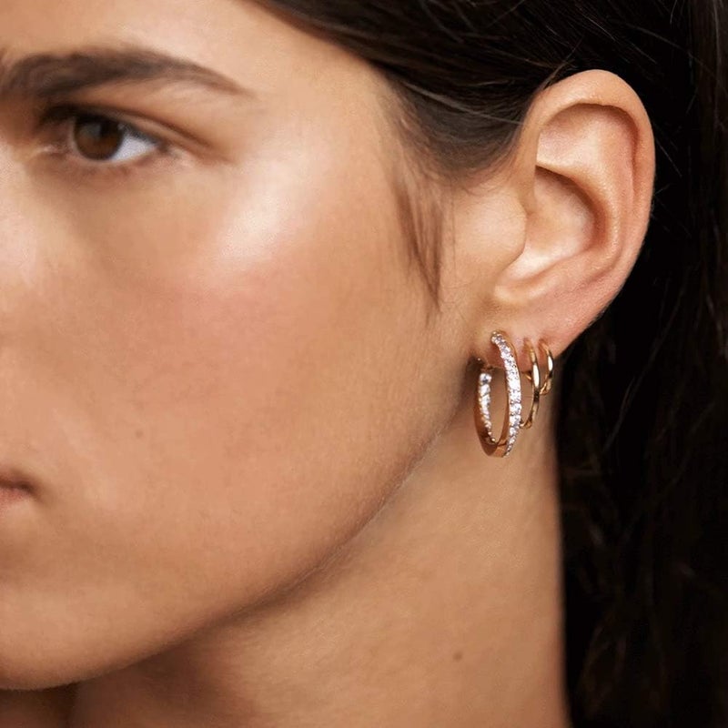 Obidos 14K Gold Plated Triple Huggie Illusion Stud Earrings | Double Huggie Hoop Earrings for One Hole | Gold Hoop Earrings for Women | Drop earrings - Image 2